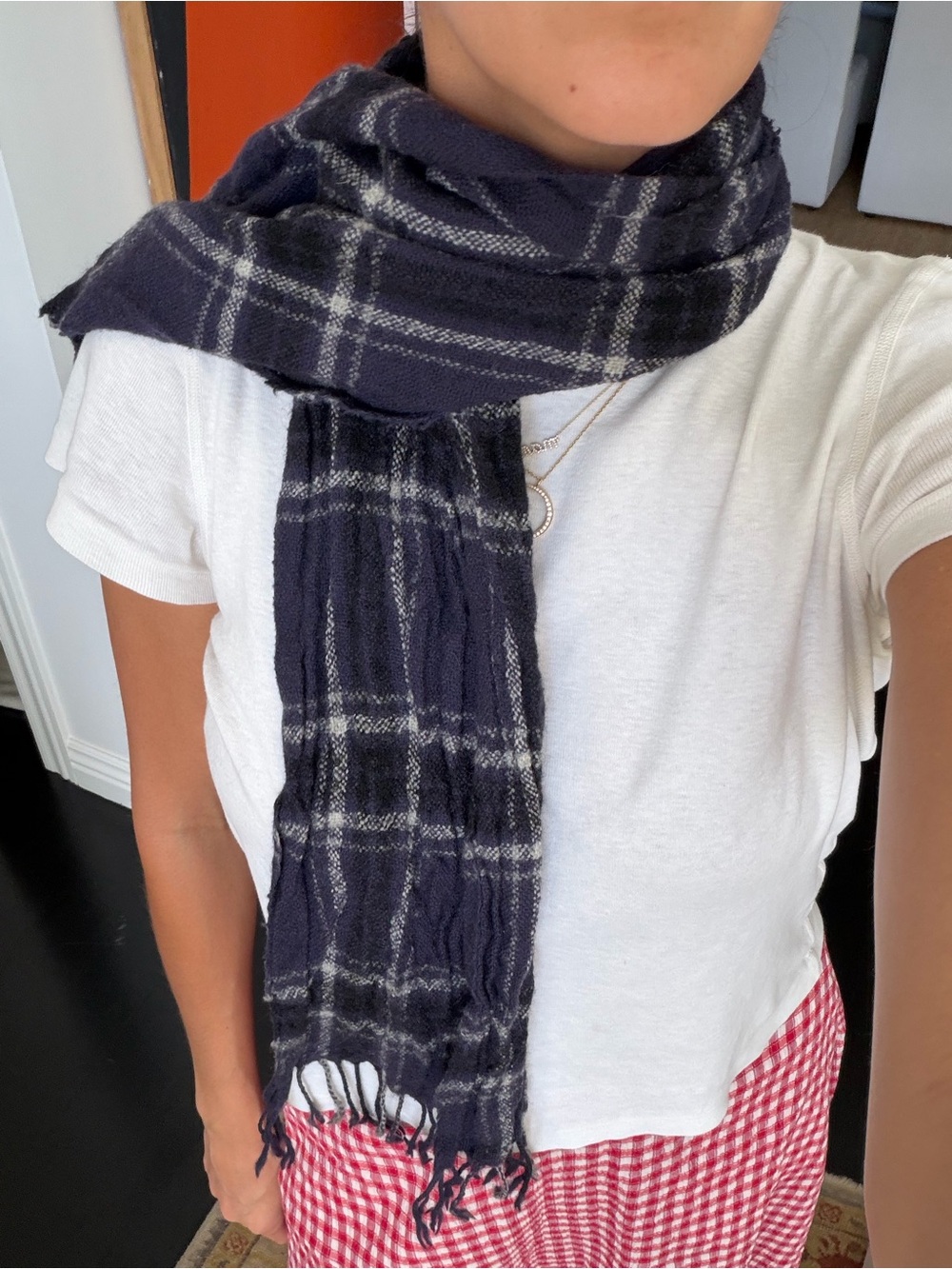 Isabel Marant Navy and White Plaid Scarf with Fringe